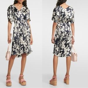 NWT Vince Arboretum Floral Crinkled Satin Dress In Coastal Blue